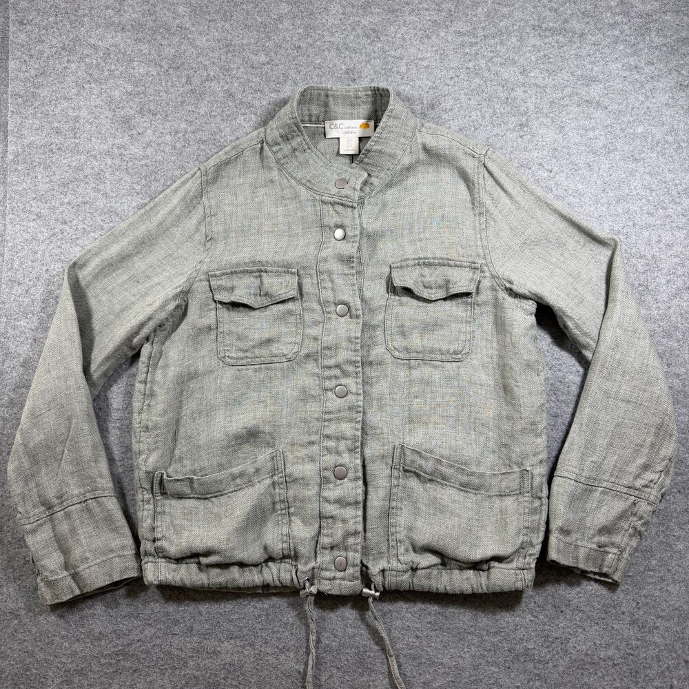 C&C California Linen Jacket Womens S Gray Mandarin Collar Snap Front Relaxed